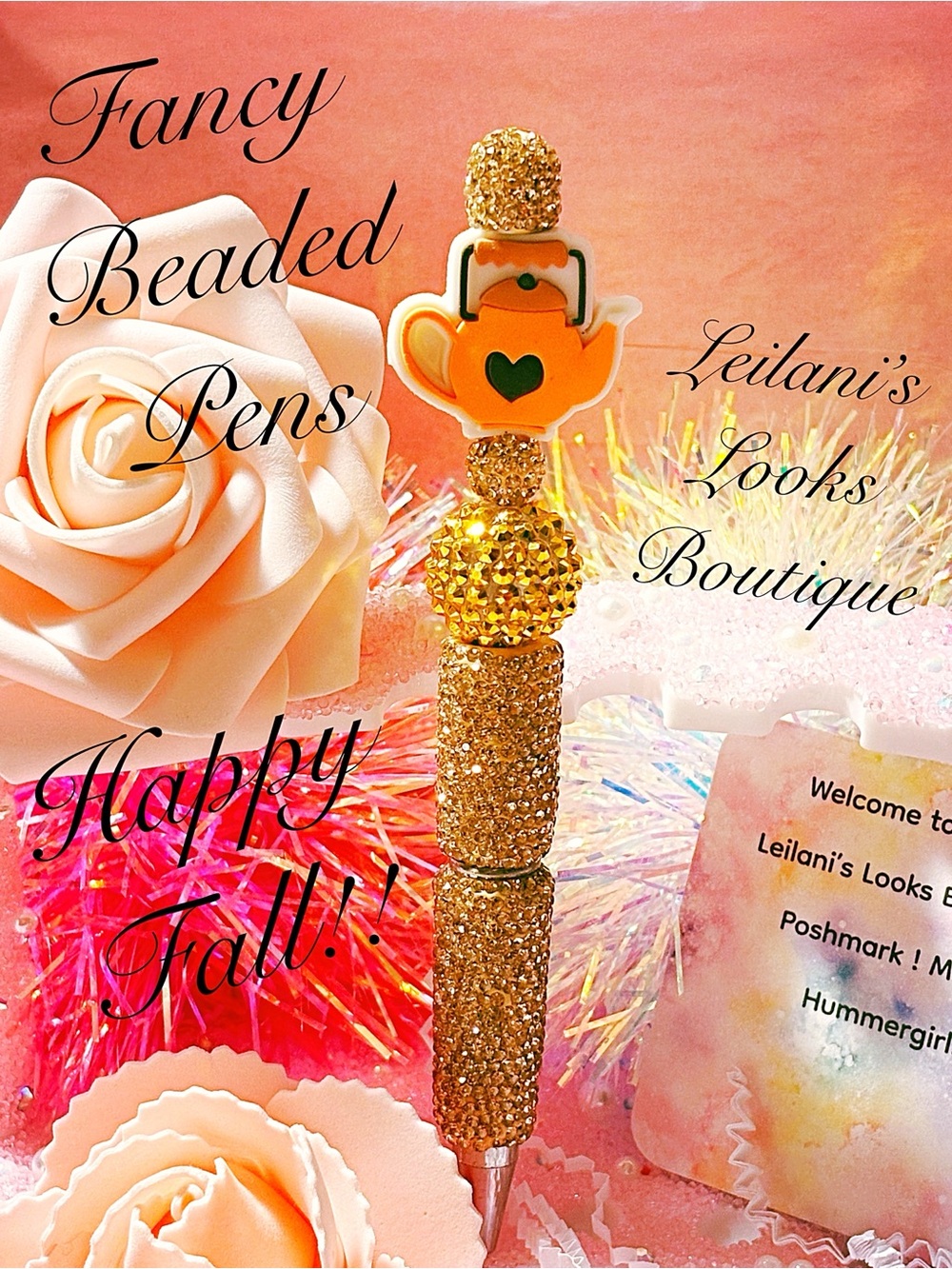 Gold Beaded Teapot Pen - Gold/gold beads/fall time/